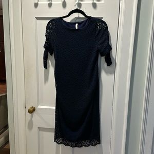 Navy Lace Overlay Sleeve Tie Fitted Maternity Dress